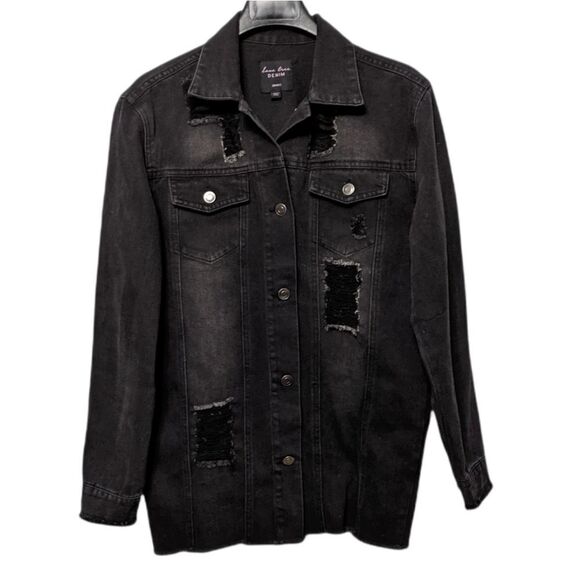 LOVE TREE Distressed Denim Black Long Jacket S - Picture 1 of 7